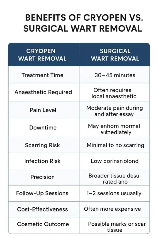 Table showing the benefits of cryopen to remove warts Dagenham compared to surgical treatment